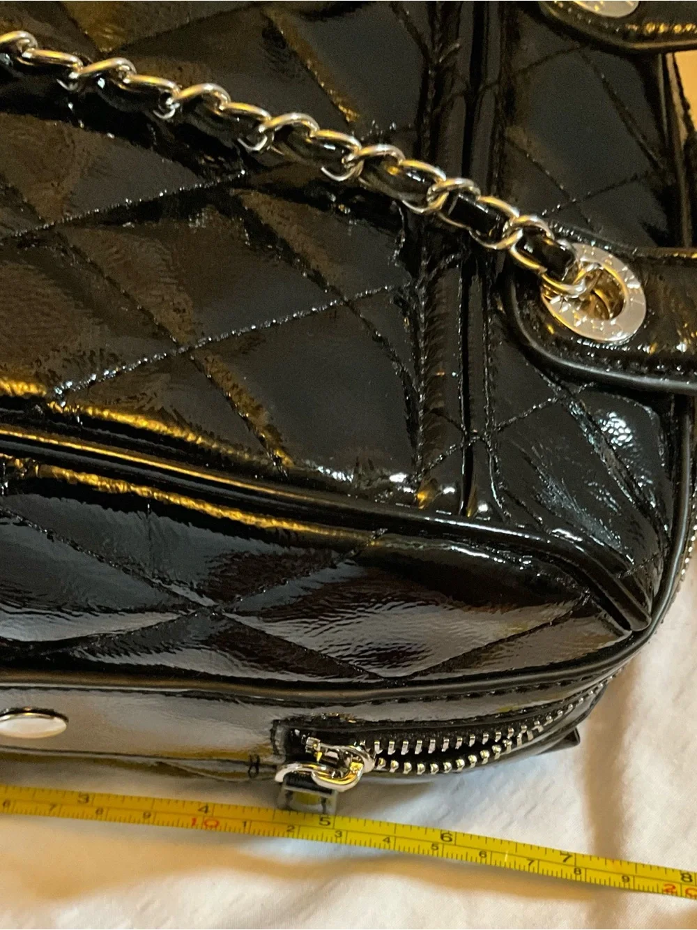 Designer Fashioned Black Quilted Patent Leather Satchel with Chain Strap